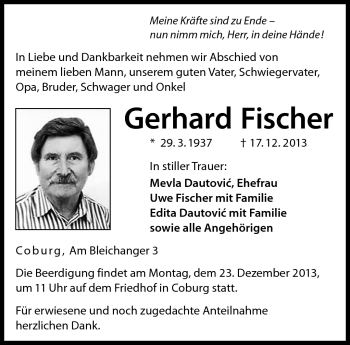 Traueranzeige von Gerhard Fischer von Neue Presse Coburg