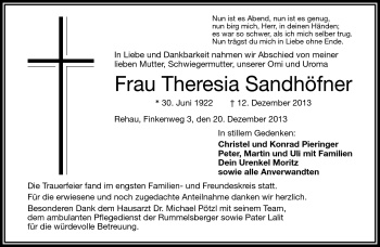 Traueranzeige von Theresia Sandhöfner von Frankenpost