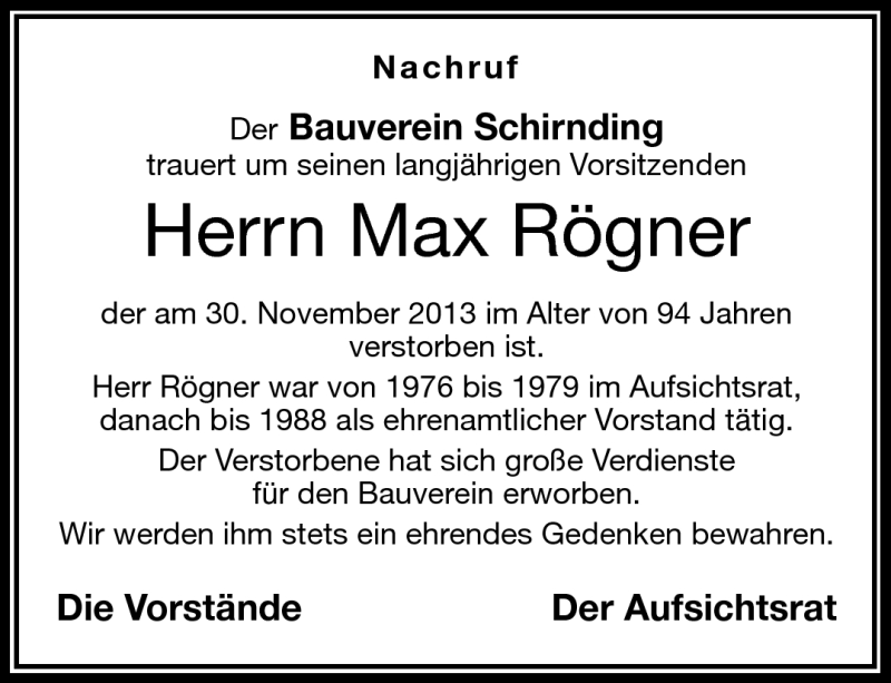  Traueranzeige für Max Rögner vom 20.12.2013 aus Frankenpost