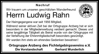 Traueranzeige von Ludwig Rahn von Frankenpost