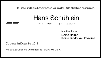 Traueranzeige von Hans Schühlein von Neue Presse Coburg