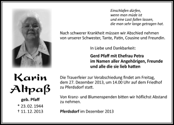 Traueranzeige von Karin Altpaß von Südthüringer Presse
