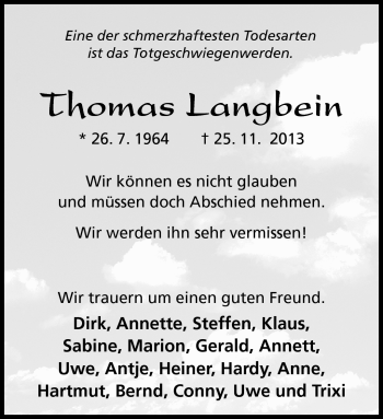 Traueranzeige von Thomas Langbein von Südthüringer Presse