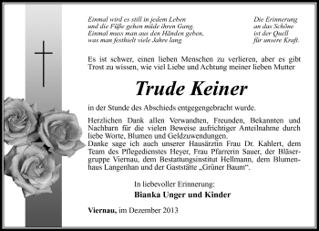 Traueranzeige von Trude Keiner von Südthüringer Presse