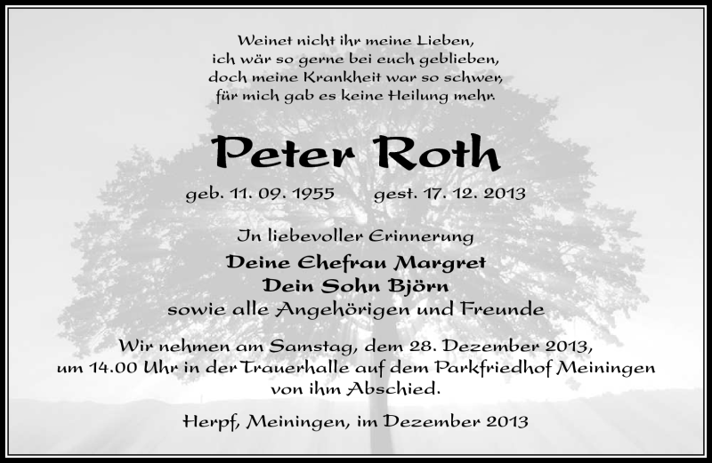  Traueranzeige für Peter Roth vom 21.12.2013 aus Südthüringer Presse