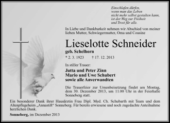 Traueranzeige von Lieselotte Schneider von Südthüringer Presse