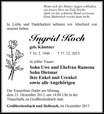 Traueranzeige von Ingrid Koch von Südthüringer Presse