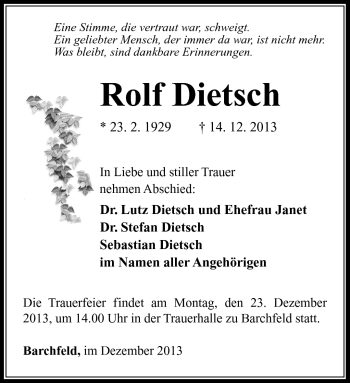 Traueranzeige von Rolf Dietsch von Südthüringer Presse