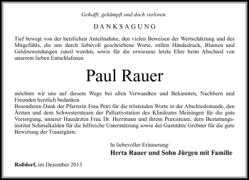 Traueranzeige von Paul Rauer von Südthüringer Presse
