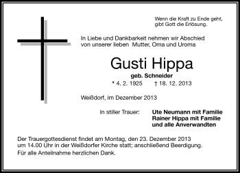 Traueranzeige von Gusti Hippa von Frankenpost