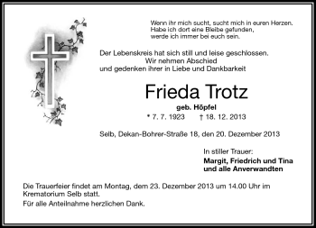 Traueranzeige von Frieda Trotz von Frankenpost