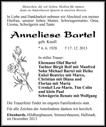 Traueranzeige von Anneliese Bartel von Südthüringer Presse