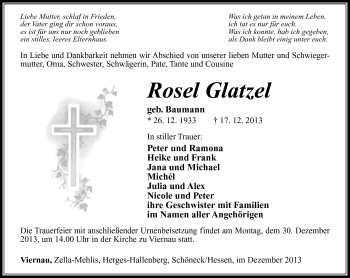 Traueranzeige von Rosel Glatzel von Südthüringer Presse