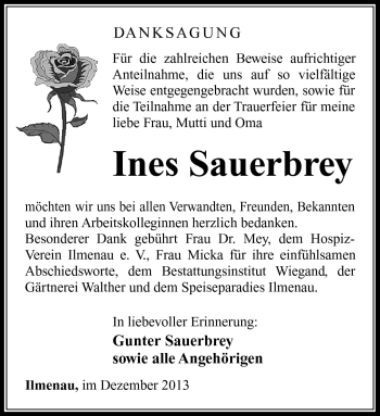 Traueranzeige von Ines Sauerbrey von Südthüringer Presse