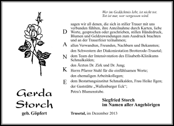 Traueranzeige von Gerda Storch von Südthüringer Presse