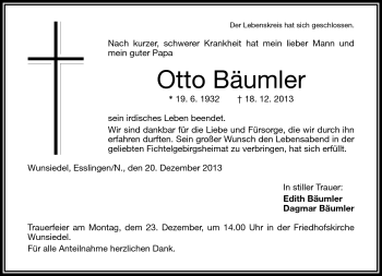 Traueranzeige von Otto Bäumler von Frankenpost