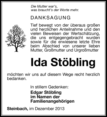 Traueranzeige von Ida Stöbling von Südthüringer Presse