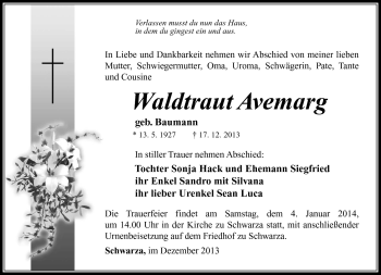 Traueranzeige von Waldtraut Avemarg von Südthüringer Presse
