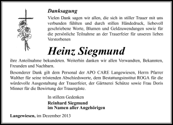 Traueranzeige von Heinz Siegmund von Südthüringer Presse