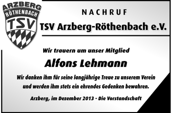 Traueranzeige von Alfons Lehmann von Frankenpost