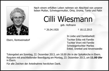 Traueranzeige von Cilli Wiesmann von Neue Presse Coburg