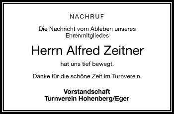 Traueranzeige von Alfred Zeitner von Frankenpost