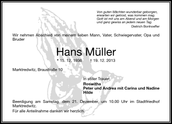 Traueranzeige von Hans Müller von Frankenpost