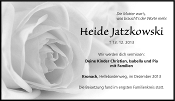 Traueranzeige von Heide Jatzkowski von Neue Presse Coburg