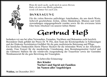 Traueranzeige von Gertrud Heß von Südthüringer Presse