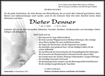 Traueranzeige von Dieter Denner von Südthüringer Presse