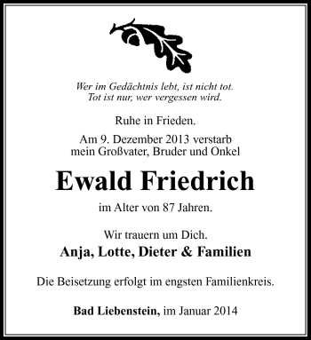 Traueranzeige von Ewald Friedrich von Südthüringer Presse
