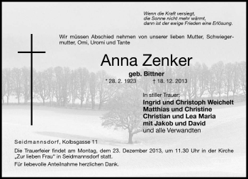 Traueranzeige von Anna Zenker von Neue Presse Coburg