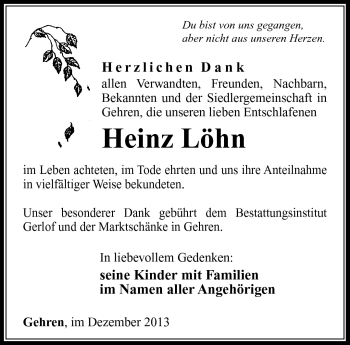 Traueranzeige von Heinz Löhn von Südthüringer Presse