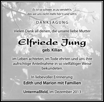 Traueranzeige von Elfriede Jung von Südthüringer Presse