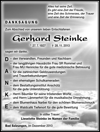 Traueranzeige von Gerhard Steinke von Südthüringer Presse