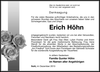 Traueranzeige von Erich Höhn von Südthüringer Presse