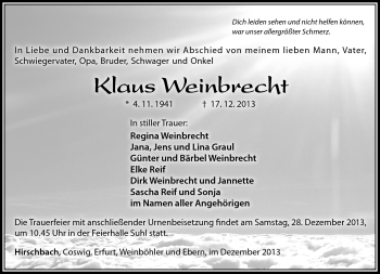 Traueranzeige von Klaus Weinbrecht von Südthüringer Presse