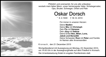 Traueranzeige von Oskar Dorsch von Neue Presse Coburg