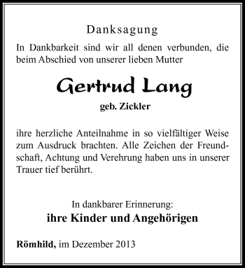 Traueranzeige von Gertrud Lang von Südthüringer Presse
