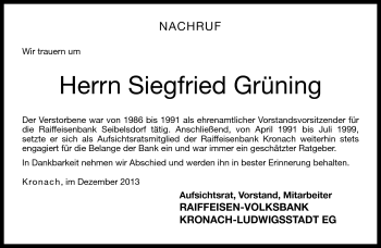 Traueranzeige von Siegfried Grüning von Neue Presse Coburg