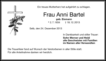 Traueranzeige von Anni Bartel von Frankenpost