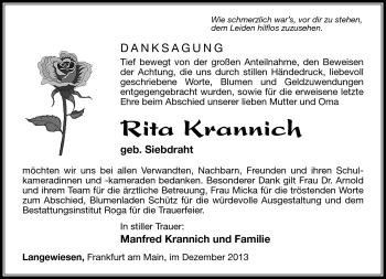 Traueranzeige von Rita Krannich von Südthüringer Presse