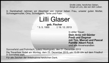 Traueranzeige von Lilli Glaser von Neue Presse Coburg