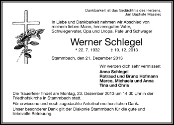 Traueranzeige von Werner Schlegel von Frankenpost