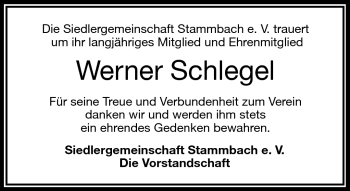 Traueranzeige von Werner Schlegel von Frankenpost