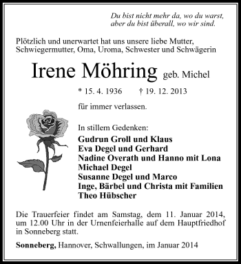 Traueranzeige von Irene Möhring von Südthüringer Presse
