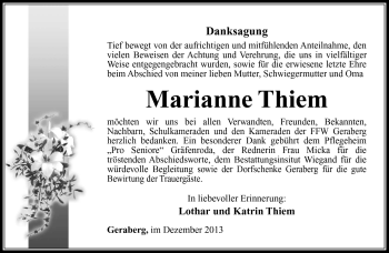 Traueranzeige von Marianne Thiem von Südthüringer Presse