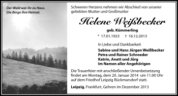 Traueranzeige von Helene Weißbecker von Südthüringer Presse