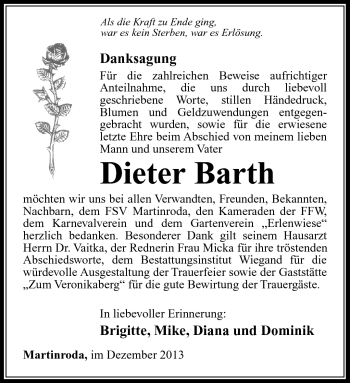 Traueranzeige von Dieter Barth von Südthüringer Presse