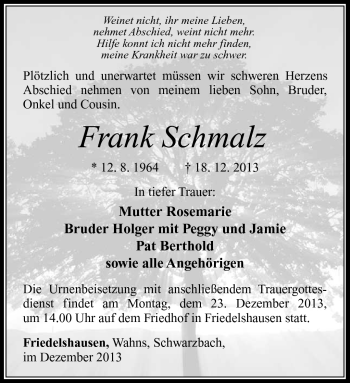 Traueranzeige von Frank Schmalz von Südthüringer Presse